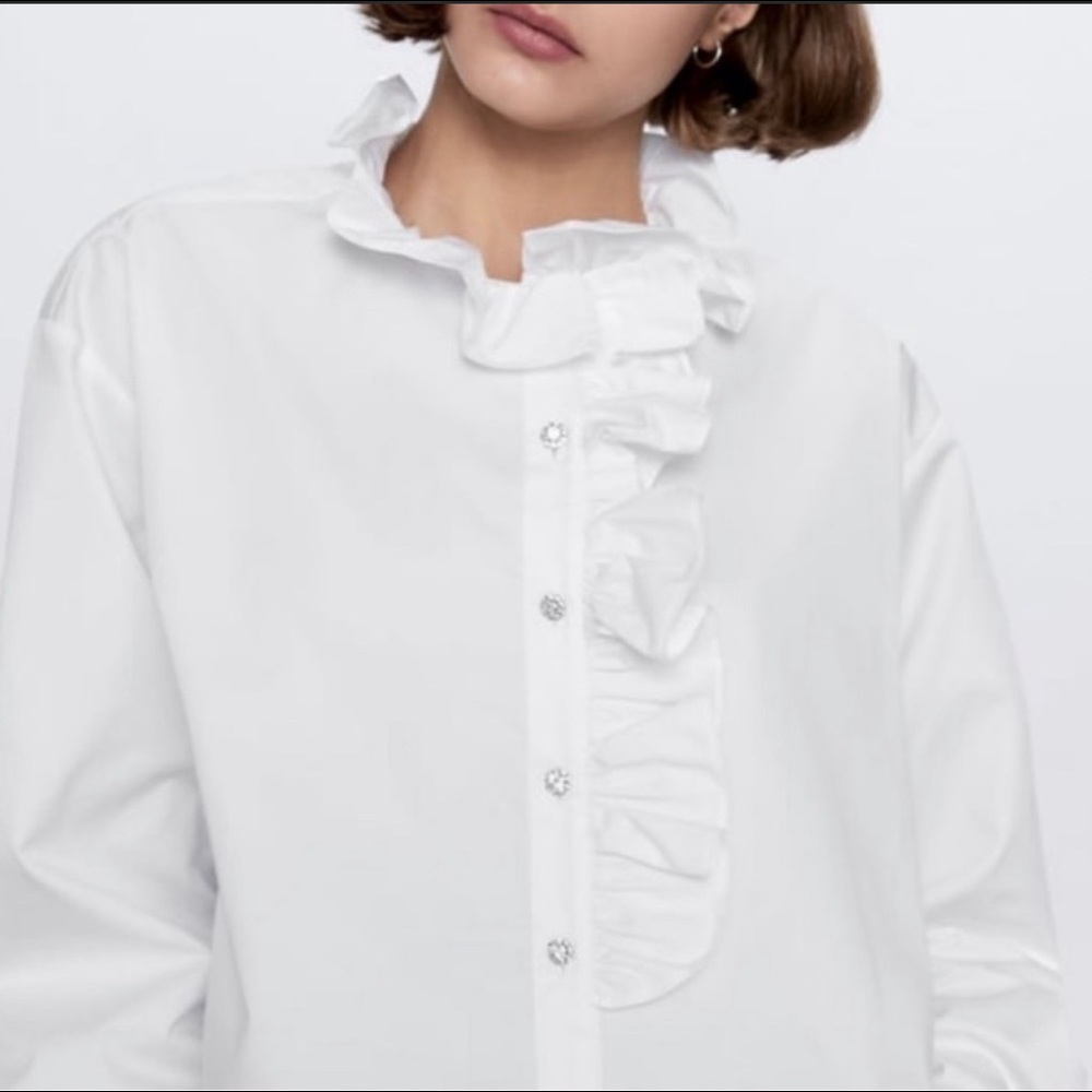 Zara jeweled button rhinestone ruffle cotton shirt